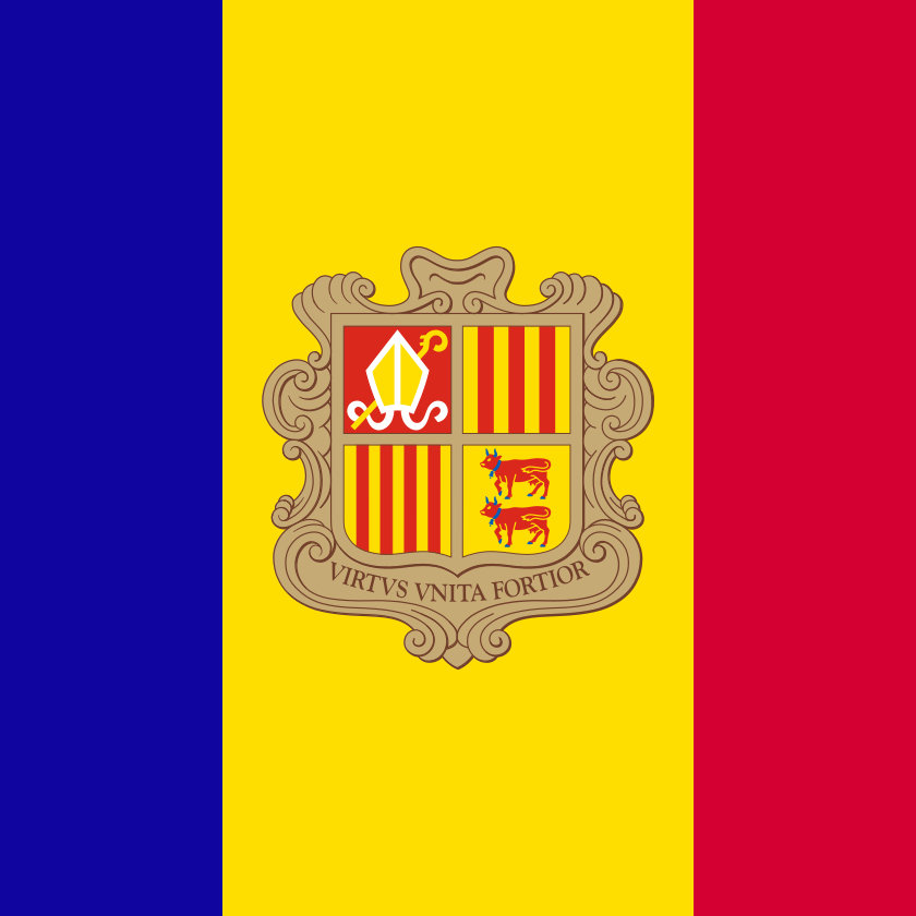 Flag of Andorra with a central coat of arms on a blue, yellow, and red background