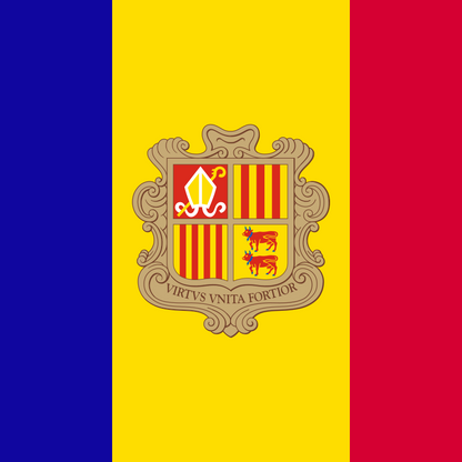 Flag of Andorra with a central coat of arms on a blue, yellow, and red background