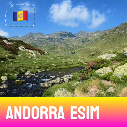 Scenic view of mountains and a river with the Andorra flag 