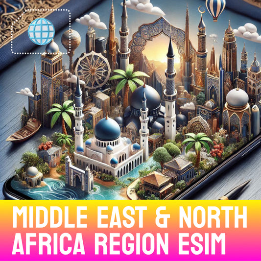 Middle East & North Africa Region eSIM - Illustration of a cityscape with architectural elements typical of the Middle East and North Africa region, with text promoting an ESIM service for that region.