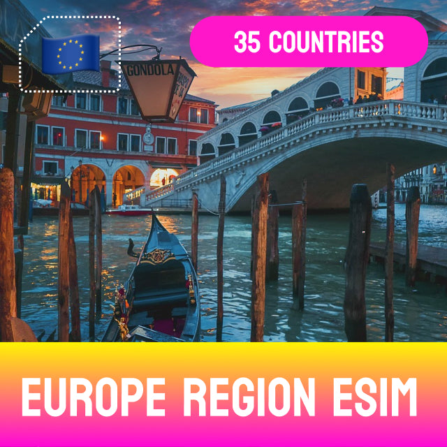 Venetian canal with gondola, Rialto Bridge- Europe Region eSIM with coverage in 35 Countries