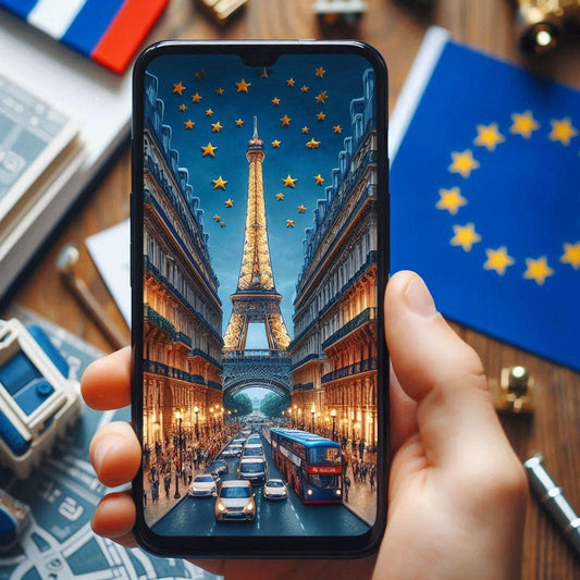 A smartphone displaying a picture of the Eiffel Tower, with the European Union flag softly blurred in the background