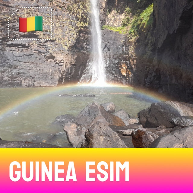 Guinea eSIM – waterfall with a rainbow over a rocky pool, Guinea