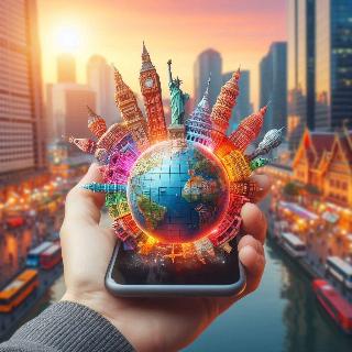 The globe in the palm of your hands coming out of a mobile device